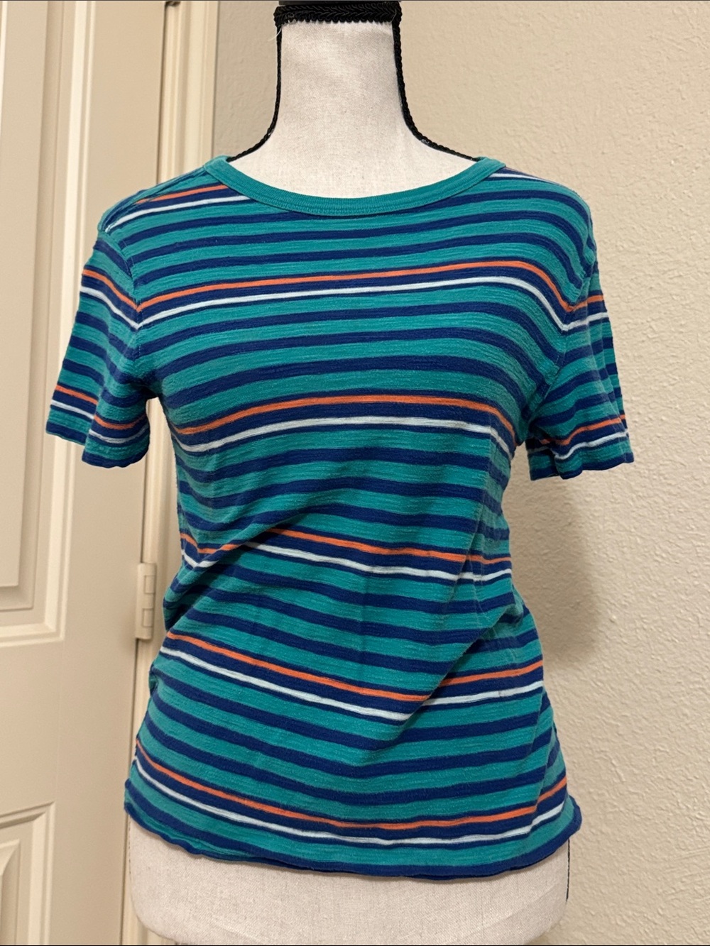 Striped Short-Sleeve Crewneck Top in Teal and Navy
